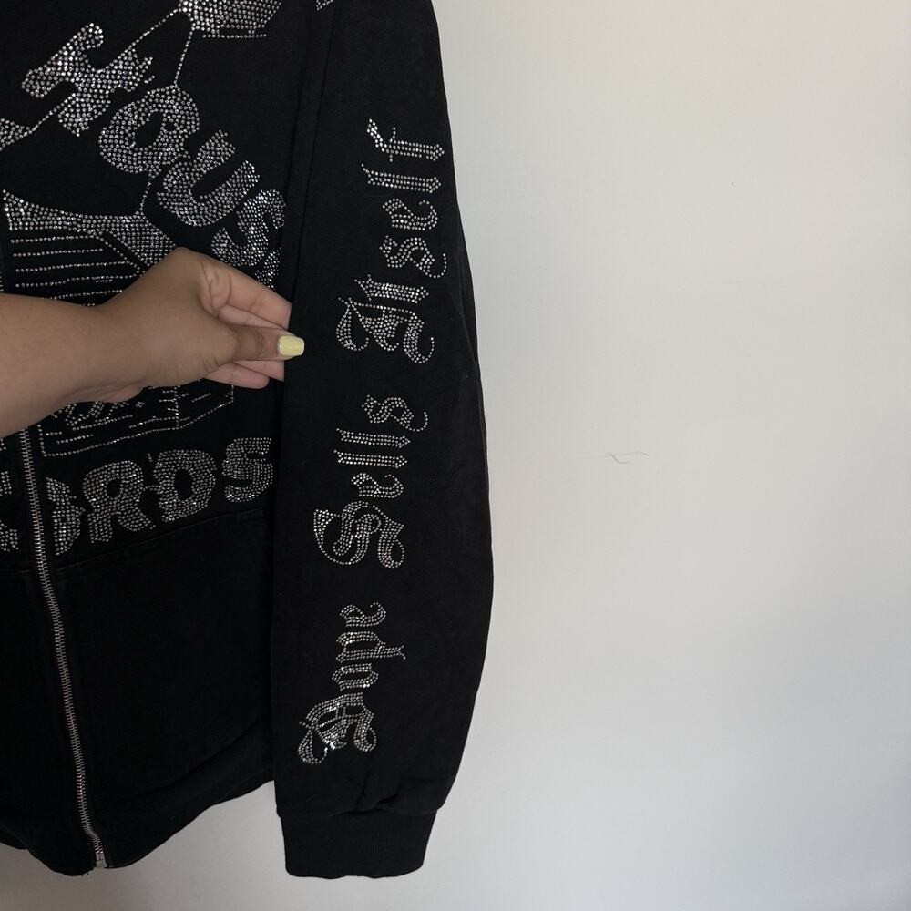 DHR Dope House Records Womens Rhinestone Hoodie XL Black Zip Up Y2K Premium - Picture 5 of 8